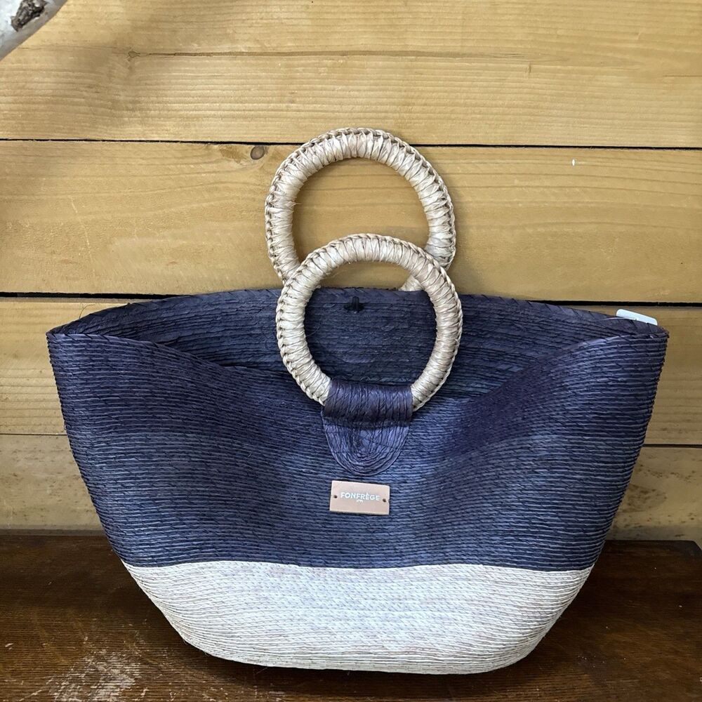 Bracelet Handle Straw Bag. 10” Wide, 10.5”tall. Fonfrege.